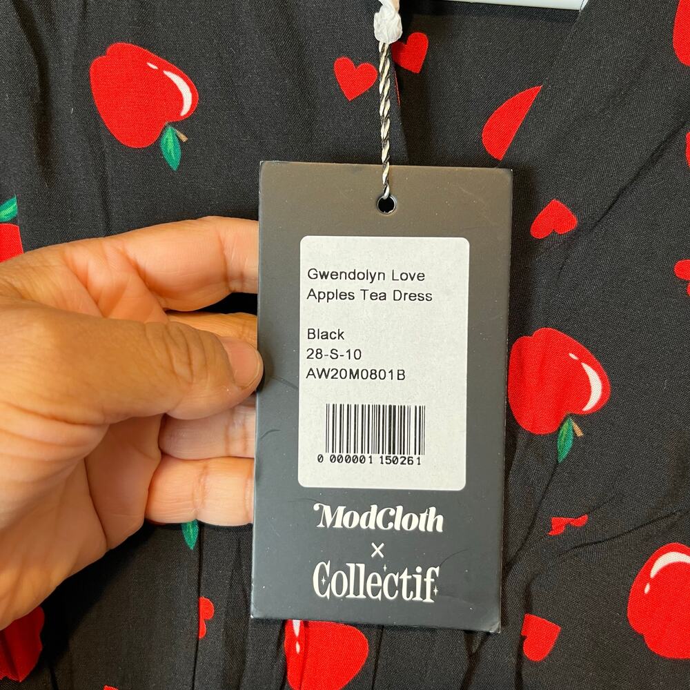 Modcloth X Collectif Gwendolyn Love Apples Tea Dress Size‎ Small Black Red New - Picture 7 of 9